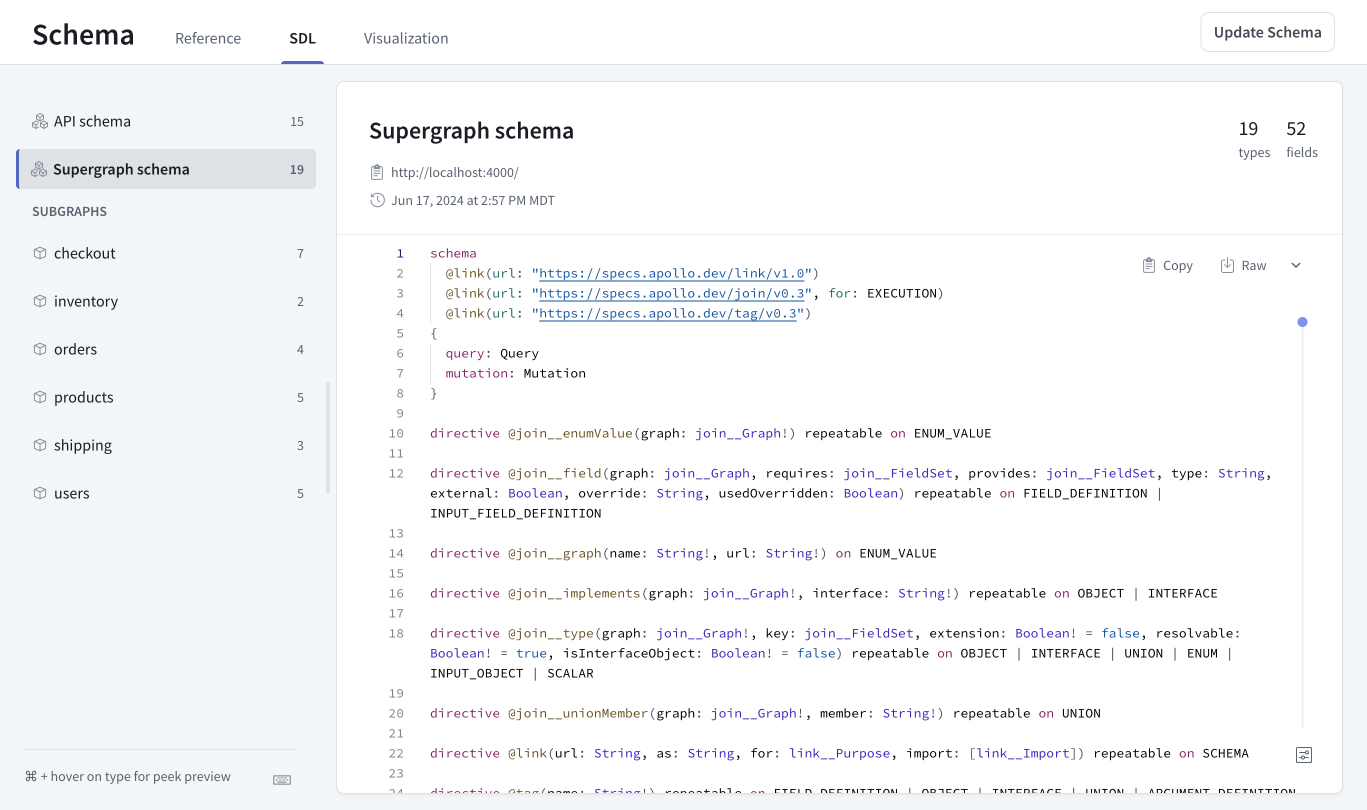 The GraphOS Studio Schema SDL page has a left nav listing all subgraphs.