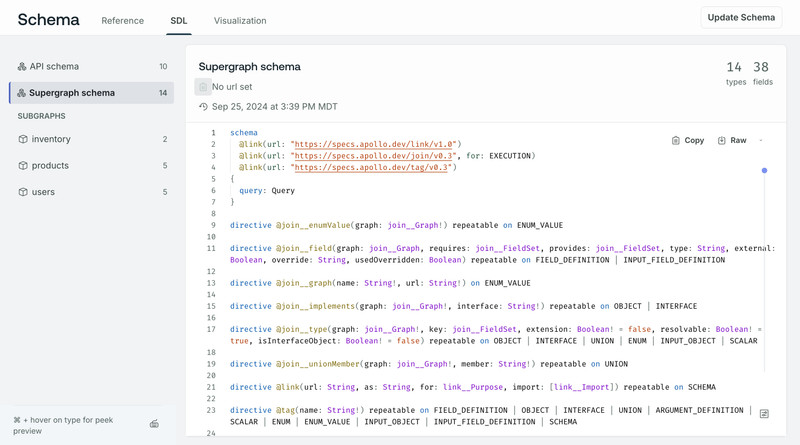 The GraphOS Studio Schema SDL page has a left nav listing all subgraphs.