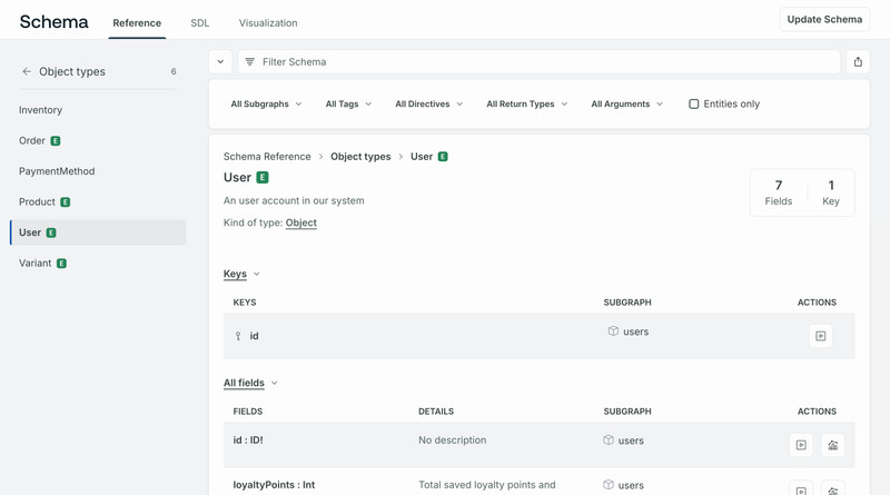 The GraphOS Studio Schema Reference page shows filterable list of types and fields.