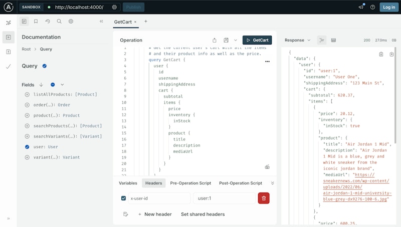 The GraphOS Studio Explorer with a GetCart operation and headers.