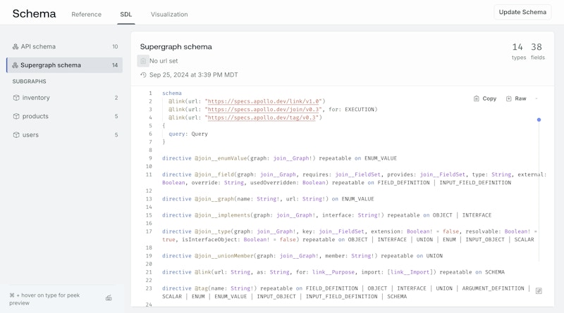 The GraphOS Studio Schema SDL page has a left nav listing all subgraphs.