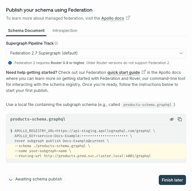 A dialog from GraphOS Studio displays a hidden API key and graph ref.