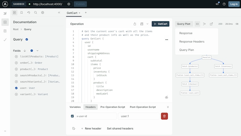 Apollo Sandbox shows a query plan diagram for an operation.