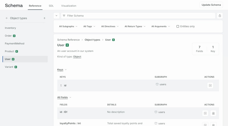 The GraphOS Studio Schema Reference page shows filterable list of types and fields.