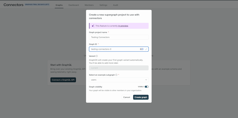 A form titled 'Create a new supergraph project to use with connectors'.
The 'Graph project name' field has the value 'Testing Connectors'.
The 'Graph ID' field has the value 'testing-connectors'.
The 'Select an example subgraph' dropdown has the value 'posts'.
There is a button which says 'Create graph'.