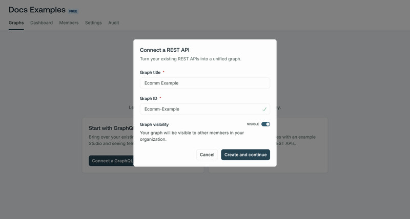 A form titled 'Connect a REST API'.
The 'Graph title' field has the value 'Ecomm Example'.
The 'Graph ID' field has the value 'Ecomm-Example'.
There is a button which says 'Create and continue'.