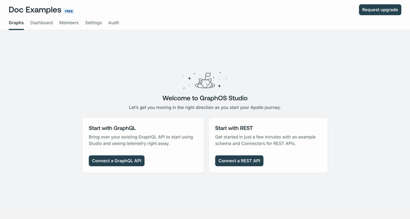 GraphOS Studio when an organization hasn't created any graphs. The screen prompts users to install the Rover CLI, connect it to GraphOS, and select a starting point: either a REST or GraphQL API.