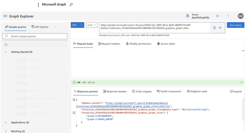 Using the Microsoft Graph Explorer to confirm graph-specific roles