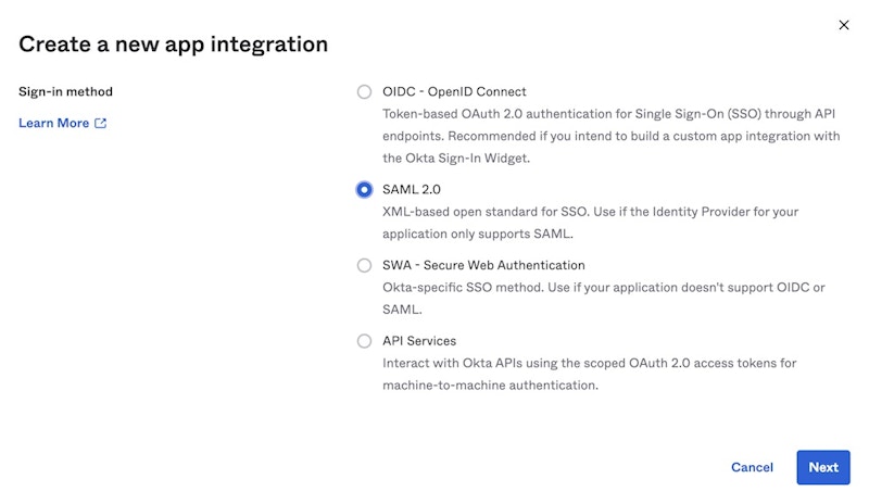 Okta create app integration modal