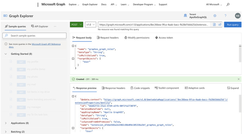 Using the Microsoft Graph Explorer to create a custom extension