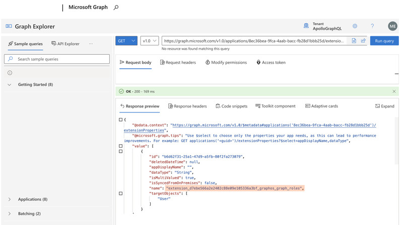 Using the Microsoft Graph Explorer to confirm a custom extension's creation