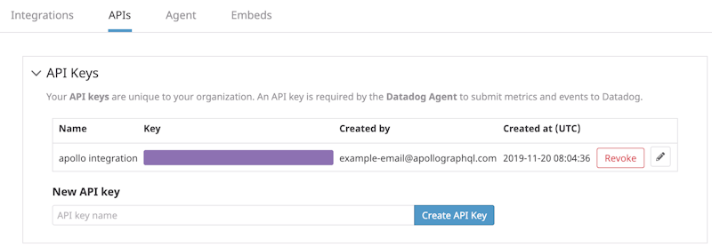 Datadog API key list