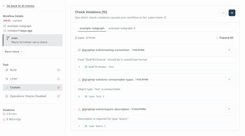 Schema check run showing custom check errors and warnings in GraphOS Studio