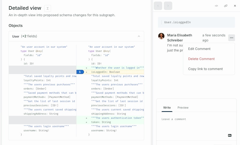 Editing a schema proposal comment in GraphOS Studio