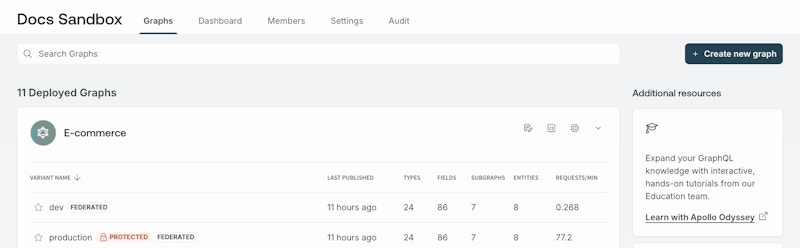 Graphs tab in GraphOS Studio