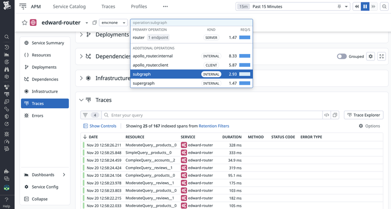 Datadog APM showing operations set with example attributes set in router.yaml