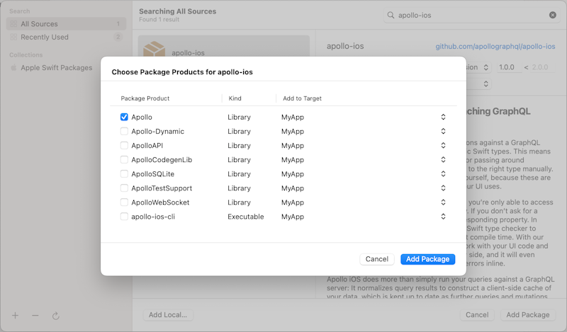 Selecting Apollo iOS packages