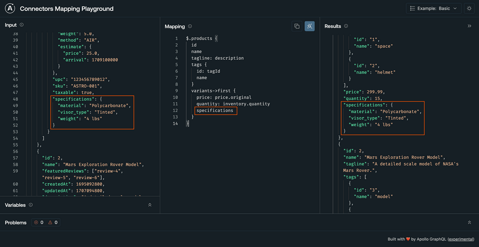 The Mapping and Results panels updated to return specifications