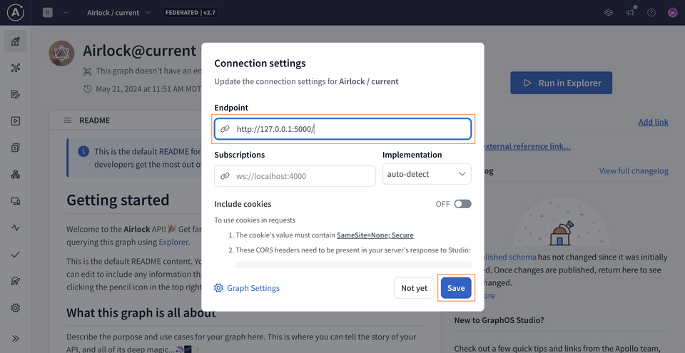 The connection settings modal, highlighting the input where we can paste our endpoint
