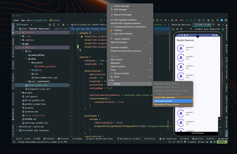 Android Studio with the Tools menu opened, highlighting "Download Schema" in the nested menu