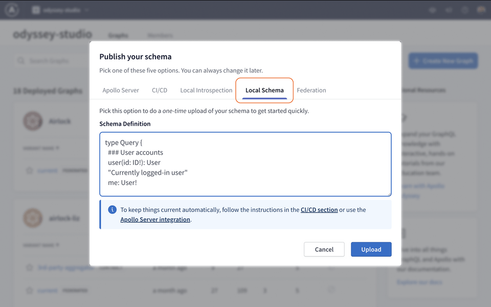 The Publish your schema modal, showing the Local Schema text area where we can copy and paste our monolith schema