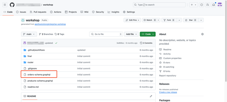 GitHub workshop page with orders-schema.graphql file highlighted