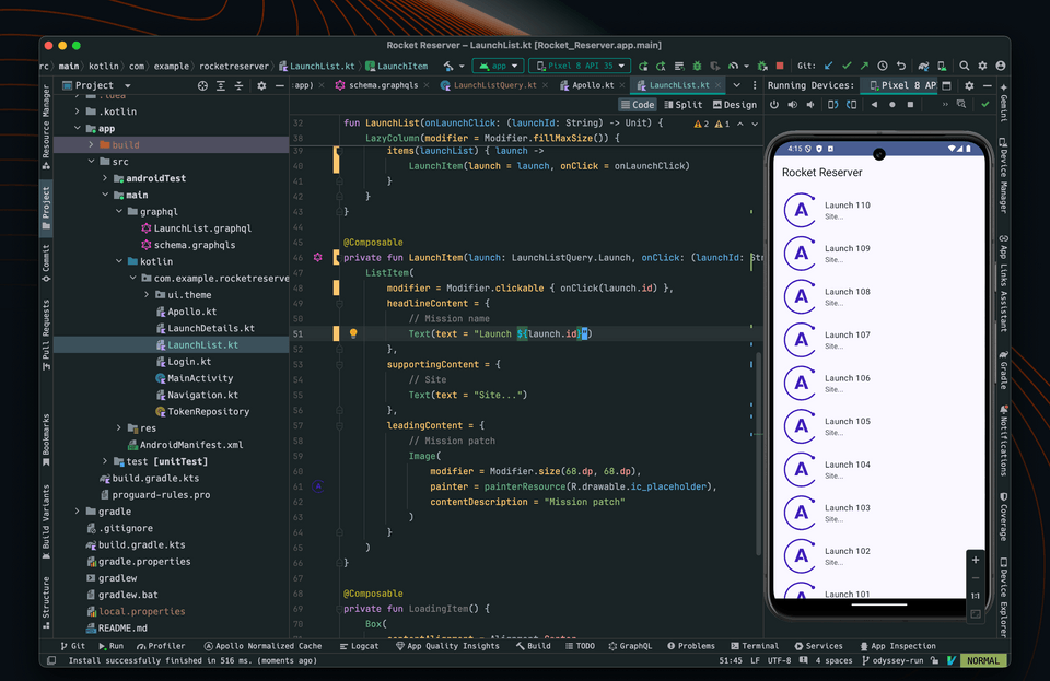 Screenshot of Android Studio and a running simulator showing a list of Launches