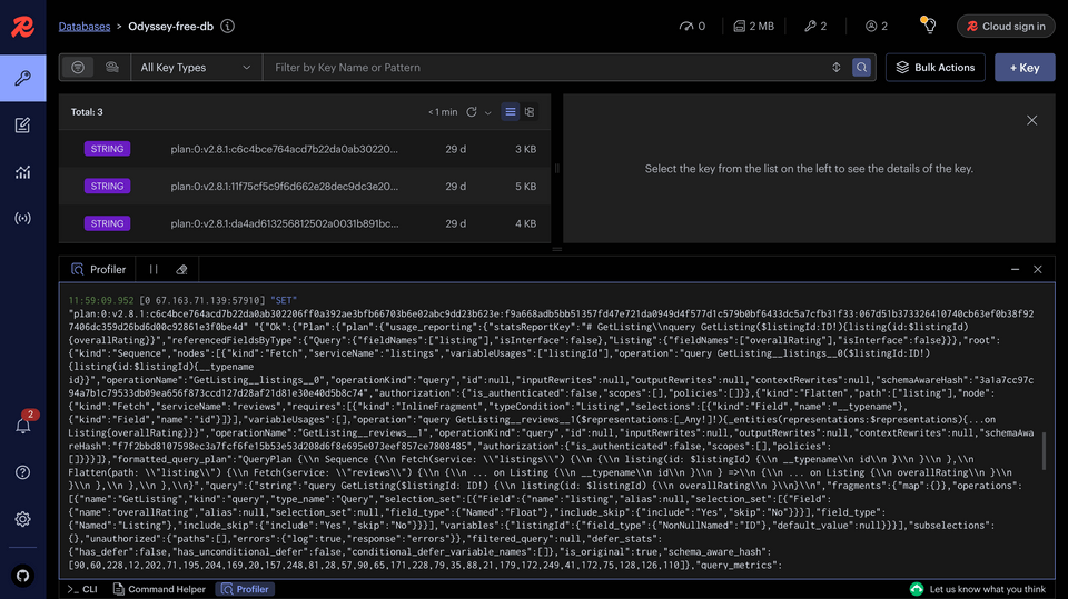 Redis Insight showing a new cache entry and the log in Profiler