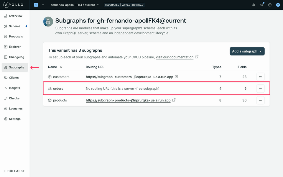 The new Orders server-free subgraph