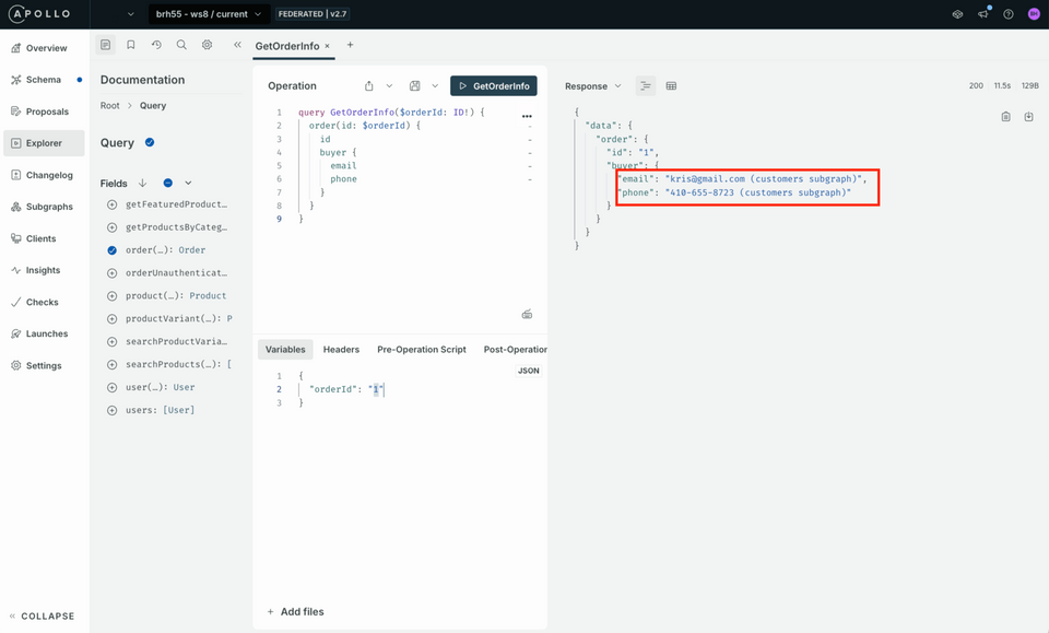 Results showing fields from customers subgraphs