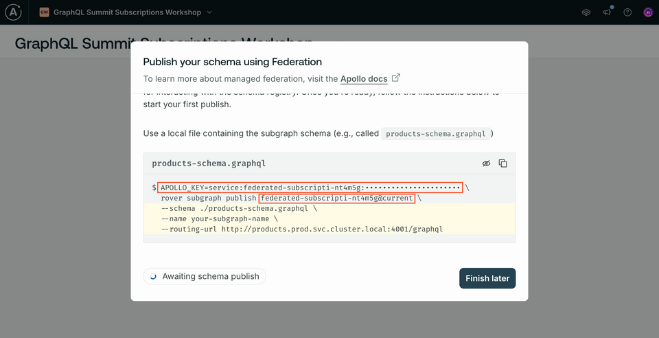 A screenshot of the publish your schema modal, highlighting important values