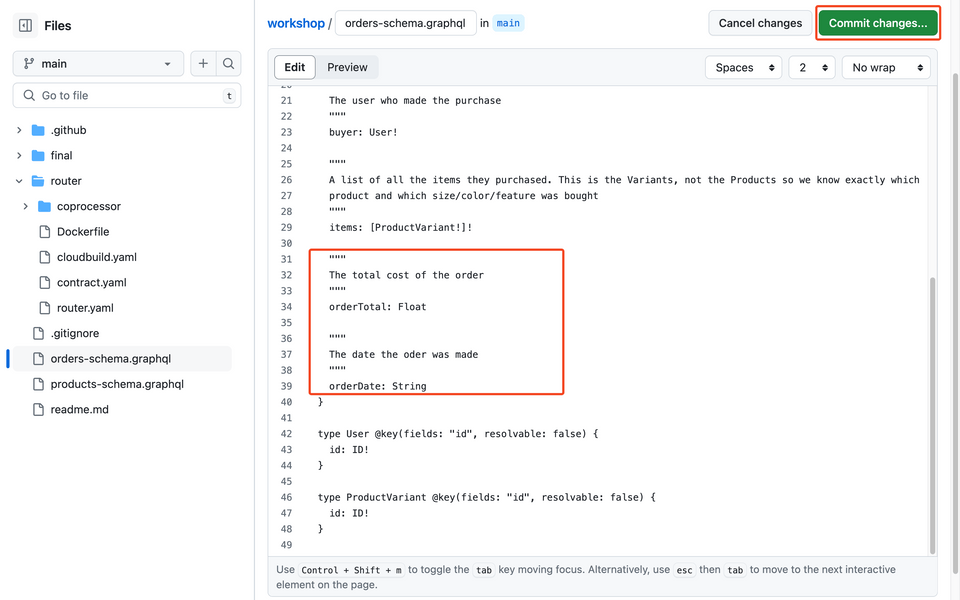 Screenshot of adding the schema changes in GitHub