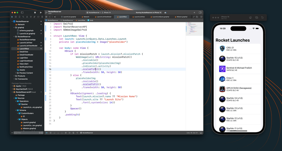 The desktop view of an IDE side-by-side with an iPhone simulator, showing our app and a list of rocket launches