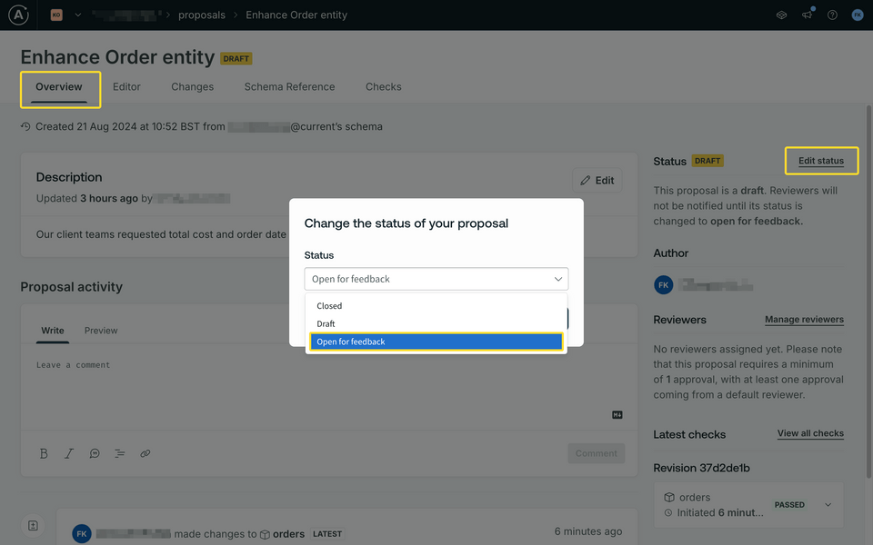 Screenshot of change proposal overview