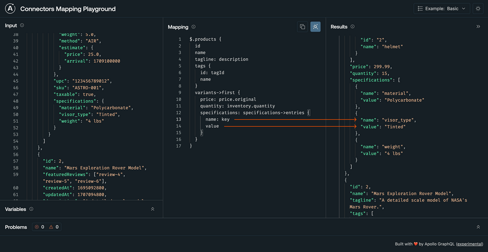 The Mapping and Results panels updated to return specifications keyed the way we want, with name and value