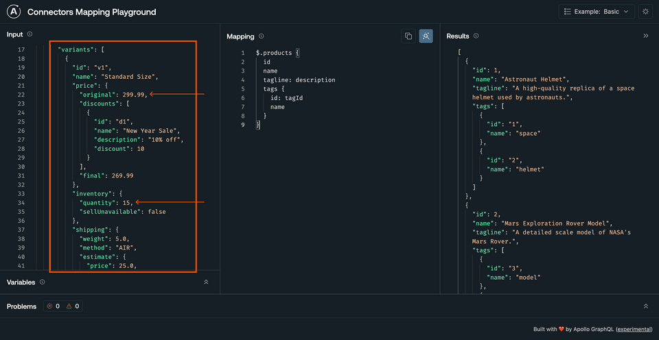 The variants property in one of the product objects highlighted