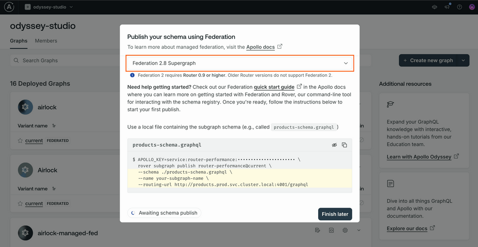 The schema publish modal, highlighting the Supergraph Pipeline Track dropdown