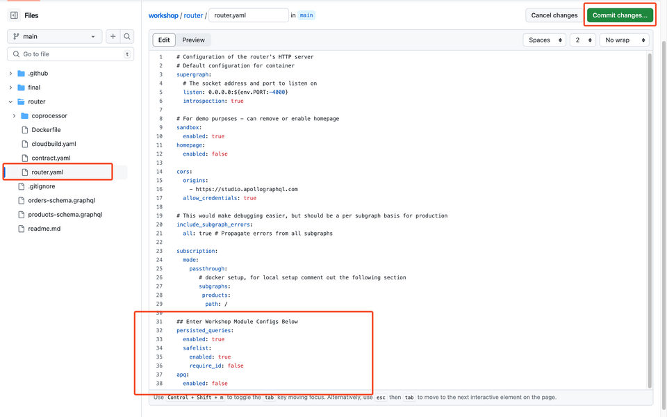 GitHub view with router.yaml file and pencil highlighted