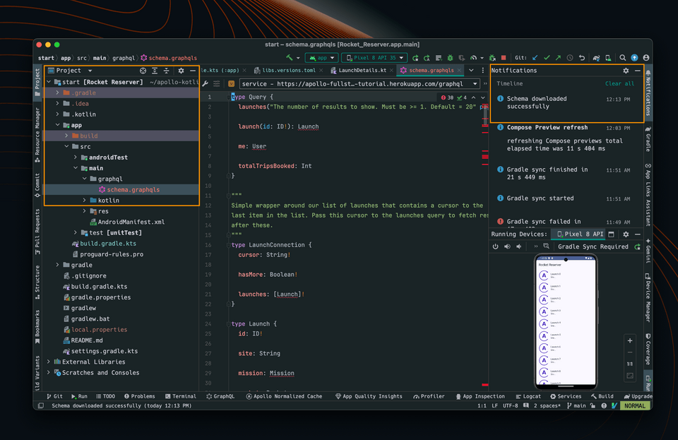 The Android Studio Project view showing a graphql schema file