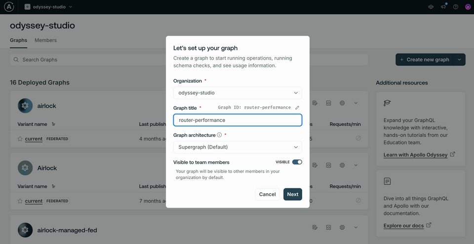 The create graph modal in Studio, filled out with the name router-performance