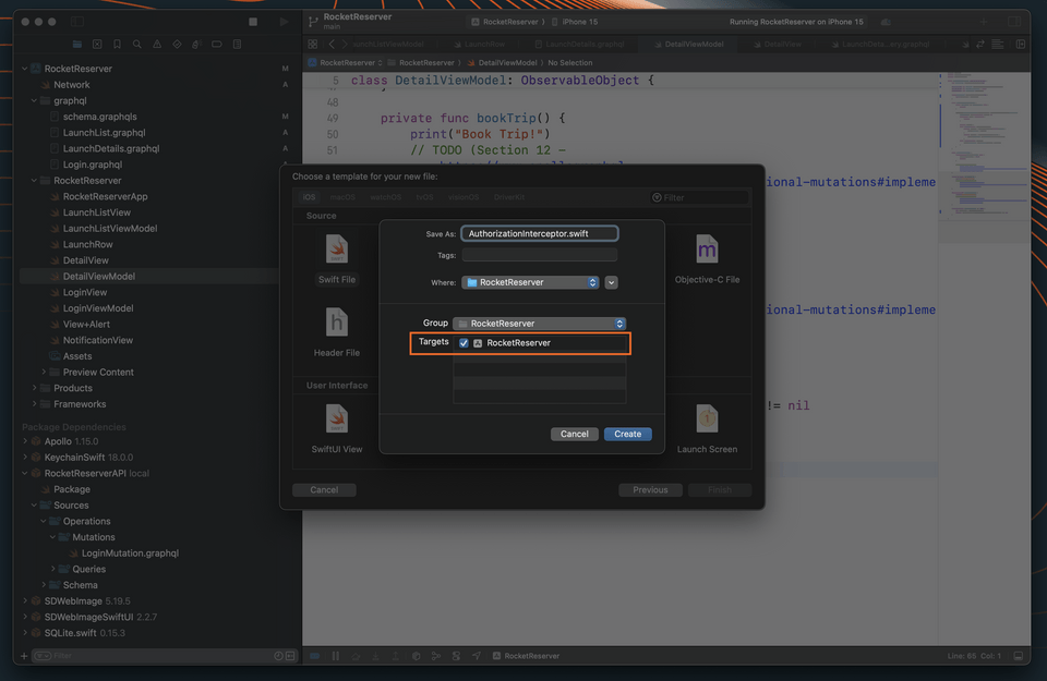 A screenshot of our IDE, adding a new file called AuthorizationInterceptor that we add to our app's target