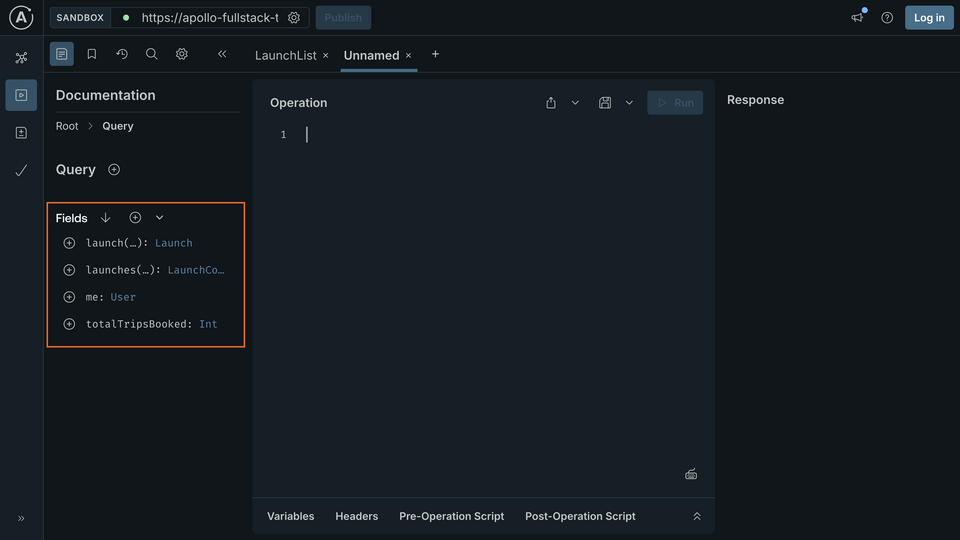 An empty Operation workspace, with the Query type's fields highlighted