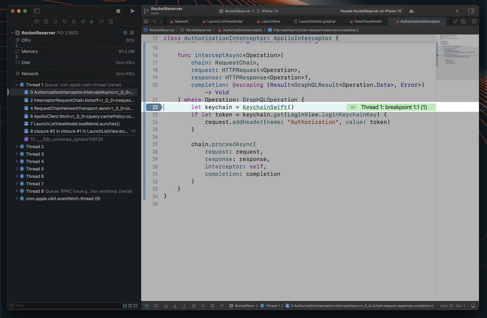 A screenshot of our IDE with a breakpoint added where we instantiate keychain