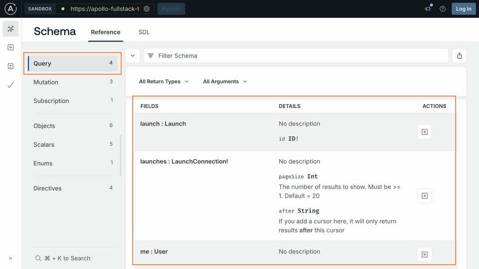 The fields in the Query type highlighted