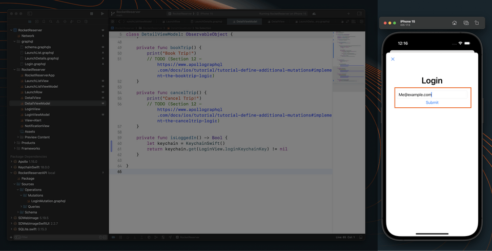 A screenshot of the desktop view of our IDE and the simulator. We can see the login form, filled in with an email.