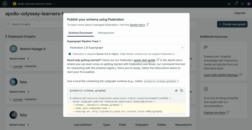 A modal window showing options for publishing the schema for our graph