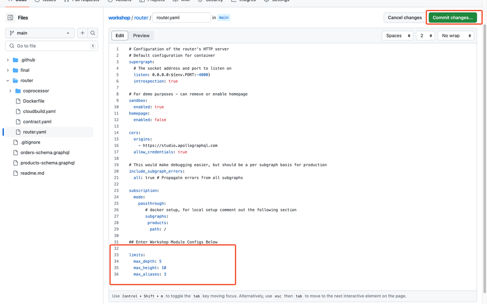 GitHub view of editing the router.yaml with commit button highlighted