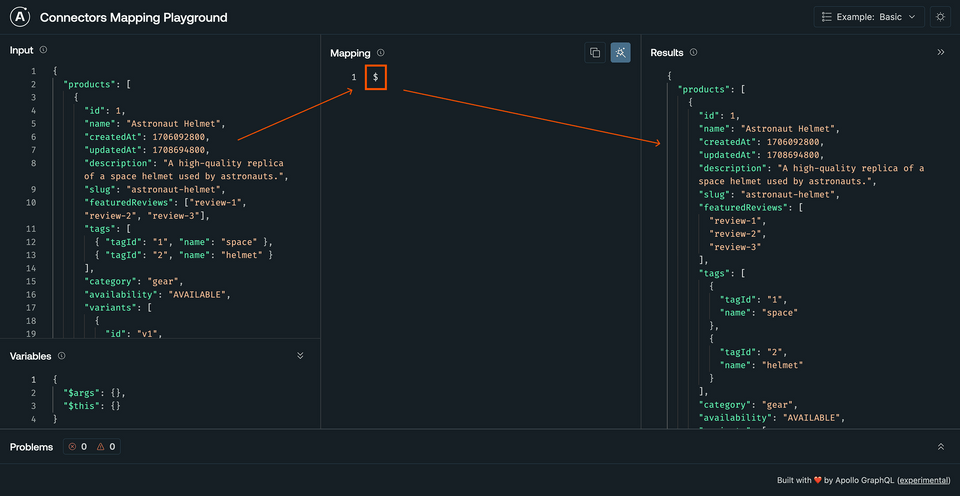 The Mapping panel updated with a dollar sign ($), showing the same input as output