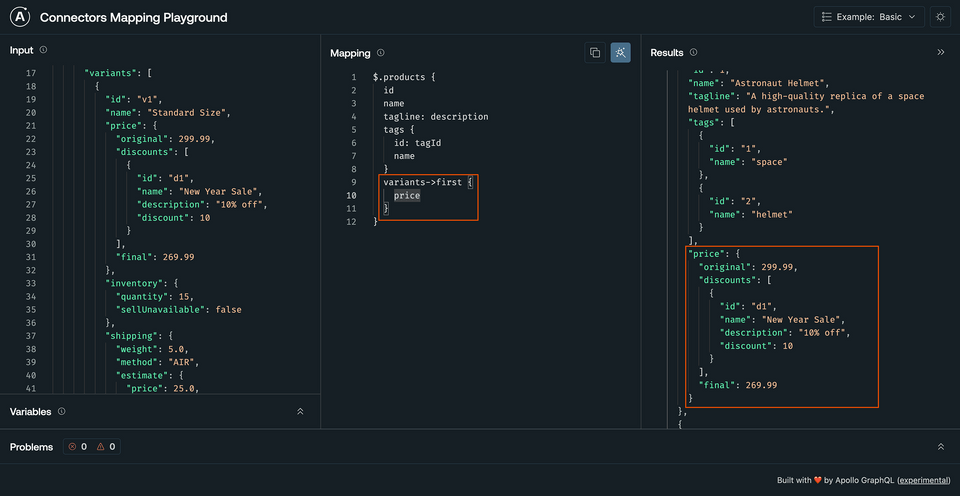 The Results panel updated to show the price object for each product