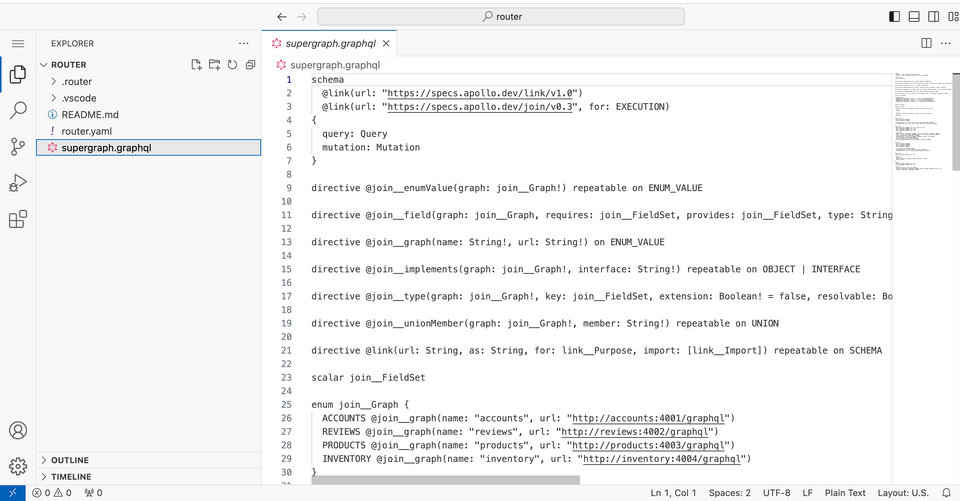 A screenshot of the built-in editor, with router.yaml and supergraph.graphql files